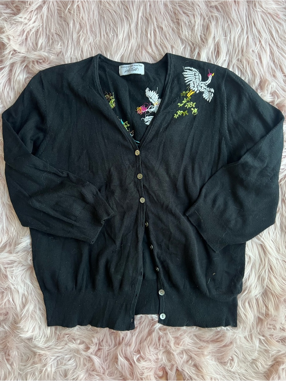 Lord & Taylor Black V-Neck Embroidered Button Cardigan